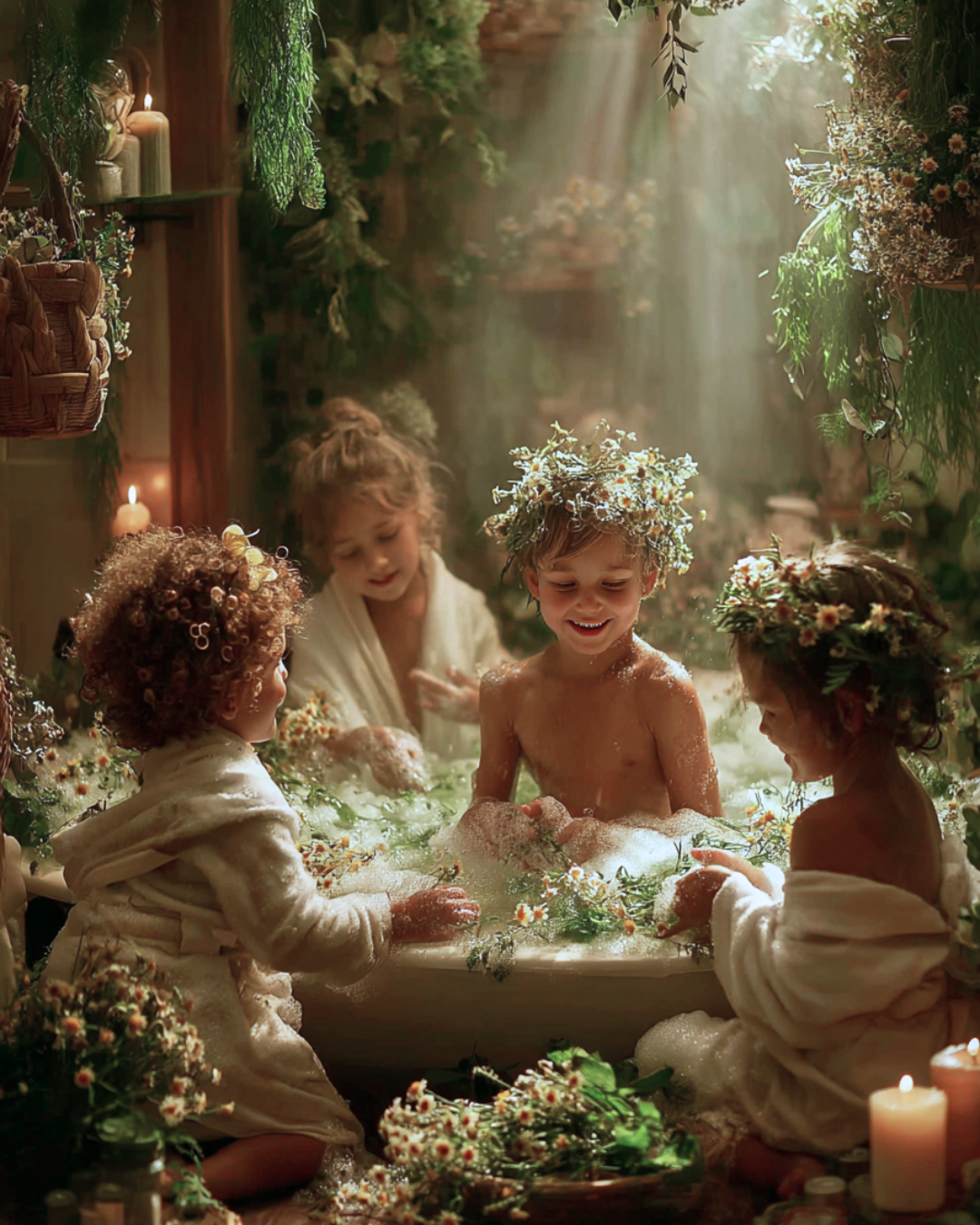 Children in a bath with flowers and candles, surrounded by greenery